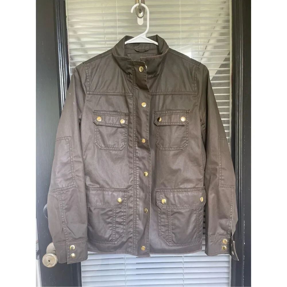 JCrew Women’s Downtown Field Jacket Green Waxed Cotton Size S
